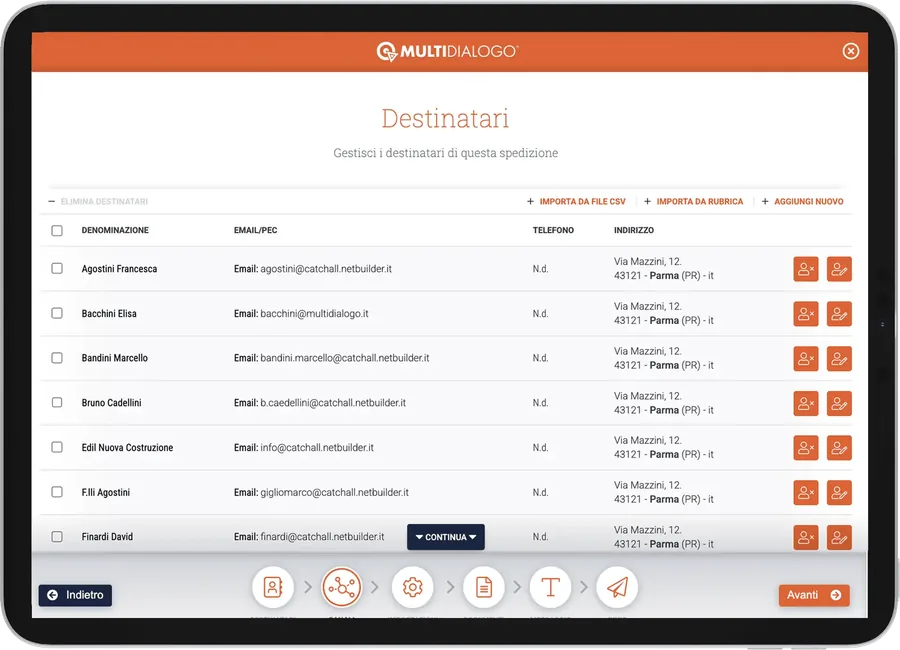 Schermata Destinatari di Multinvio